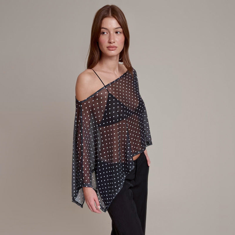 Damen transparentes Oberteil mit asymmetrischem Schnitt und Polka-Dots Drune