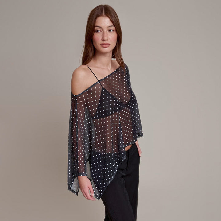 Damen transparentes Oberteil mit asymmetrischem Schnitt und Polka-Dots Drune