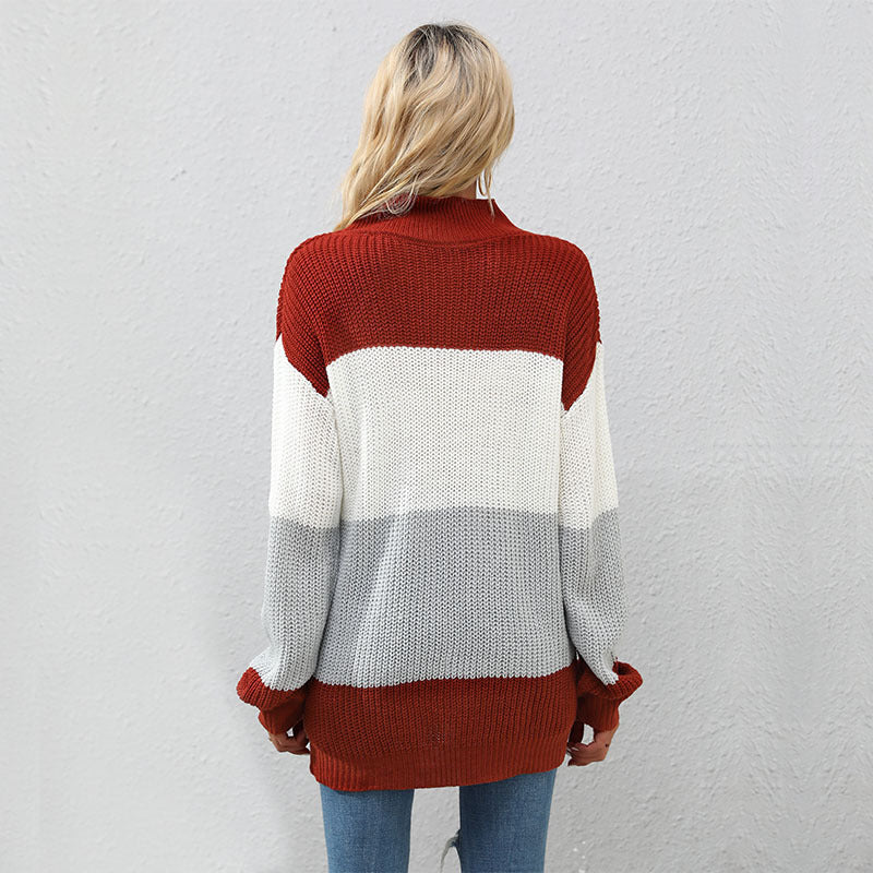 Damen Strickpullover mit hohem Kragen und modernen Blockstreifen Drune