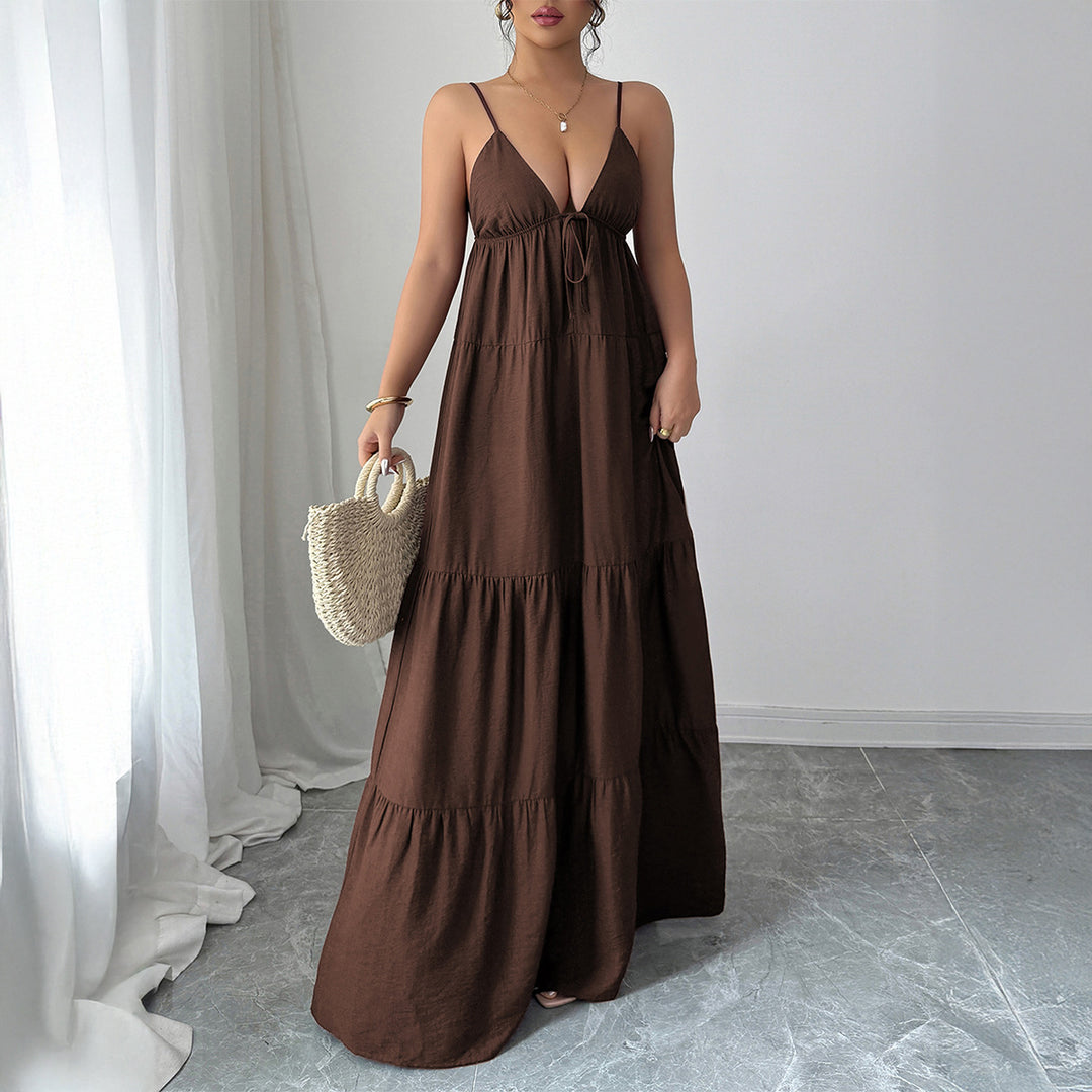 Damen Elegantes Maxikleid mit verstellbaren Spaghettiträgern und Rüschendetails Drune