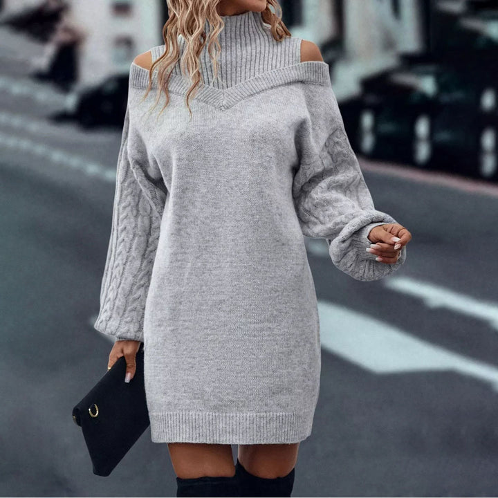 Damen Strickkleid mit lässigem V-Ausschnitt und voluminösen Ärmeln Drune