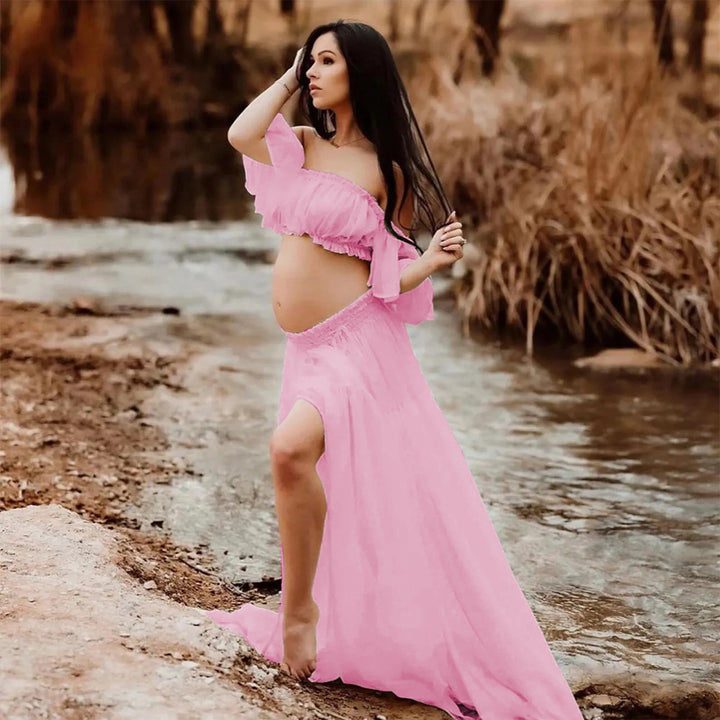 Frauen Off-Shoulder Schwangerschaft Maxi Rock Set Drune