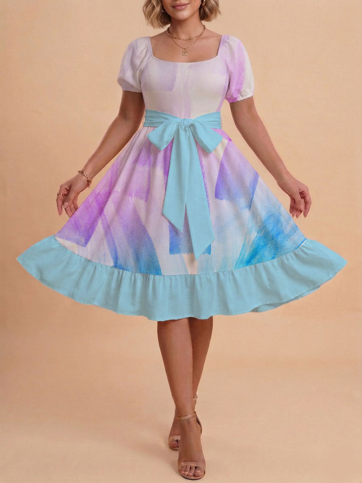 Damen Retro Maxikleid mit Puffärmeln und Taillengürtel Drune
