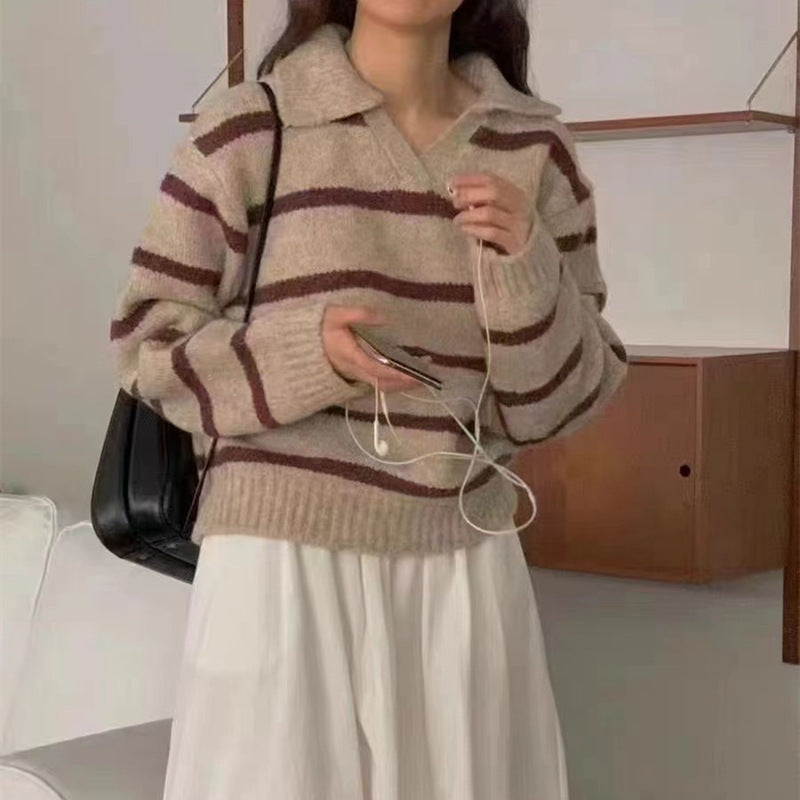 Damen Elegante Pullover mit Streifenmuster und Kragen Drune