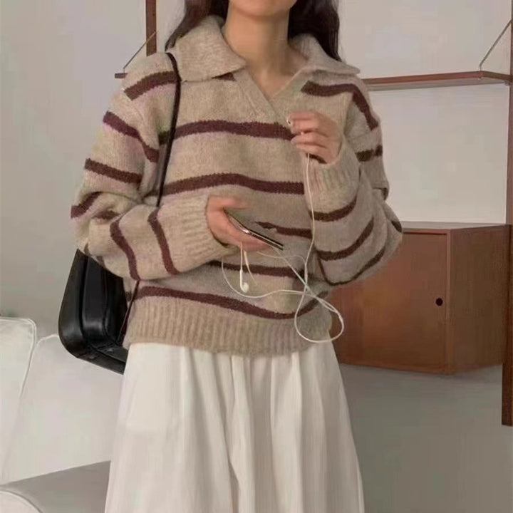 Damen Elegante Pullover mit Streifenmuster und Kragen Drune