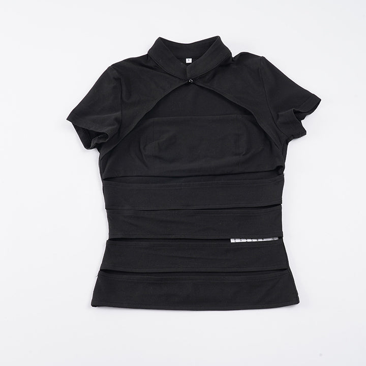 Damen Cropped Blusenshirt aus strapazierfähigem Stretchmaterial mit elegantem Stehkragen Drune