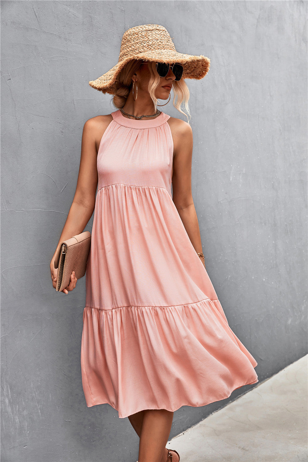 Damen luftiges Sommerkleid mit schwingendem Rock und hohem Hals Drune