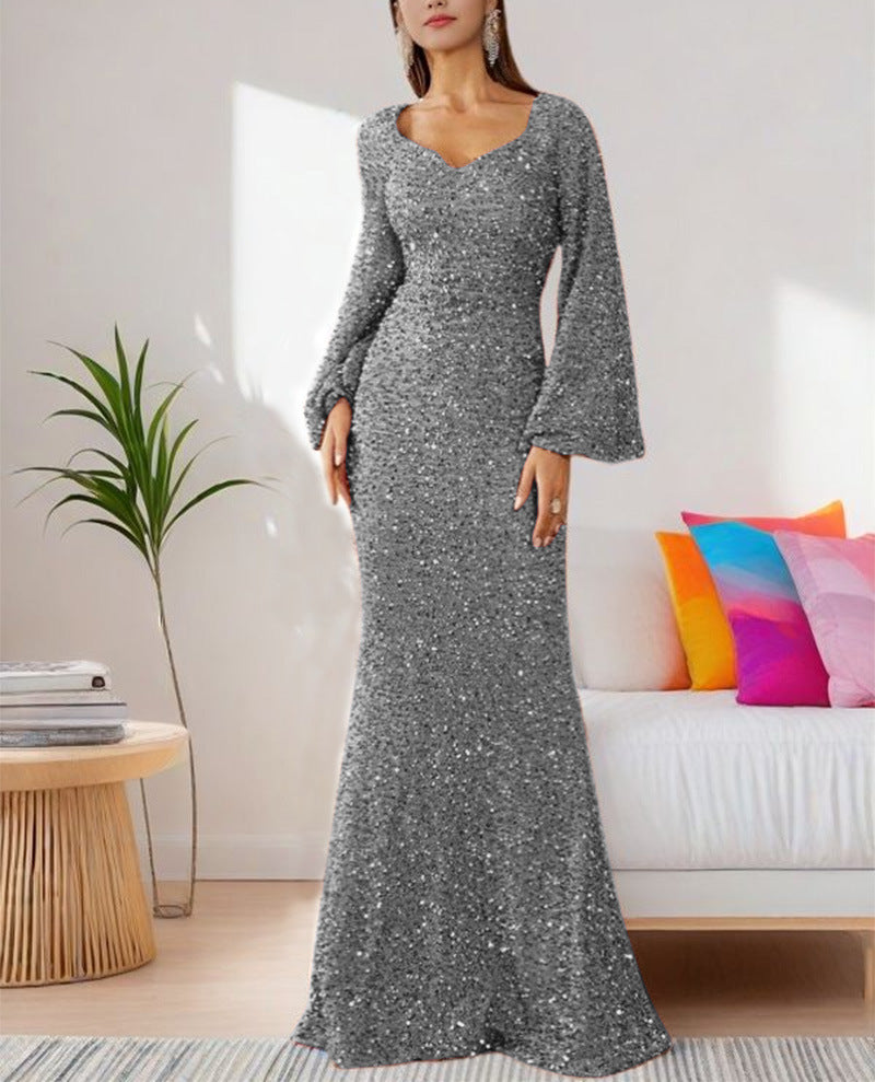 Damen Glamouröses Glitzer-Abendkleid mit schwingendem Rock und voluminösen Ärmeln Drune