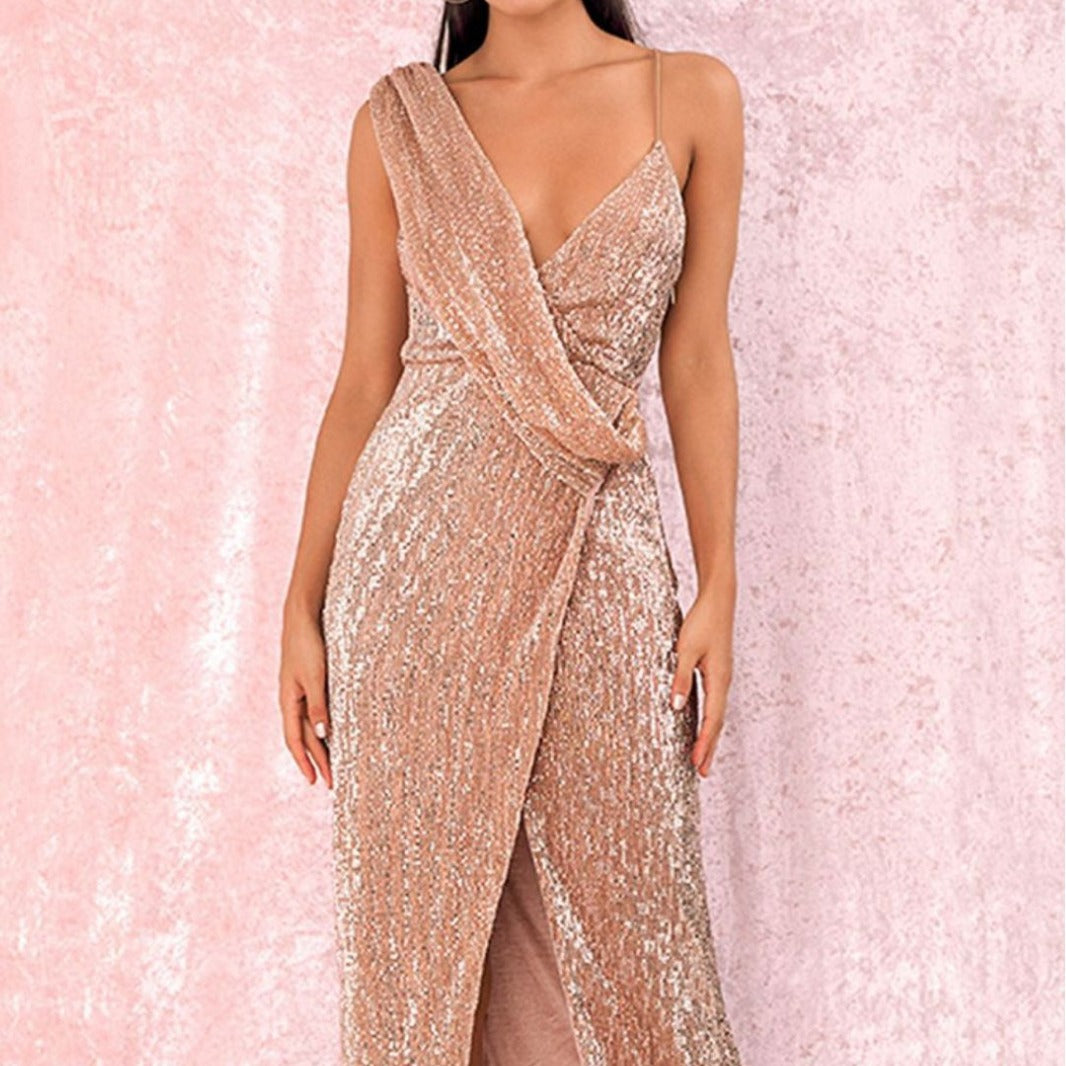 Damen glitzerndes Abendkleid mit Wickeloptik und hohem Schlitz Drune