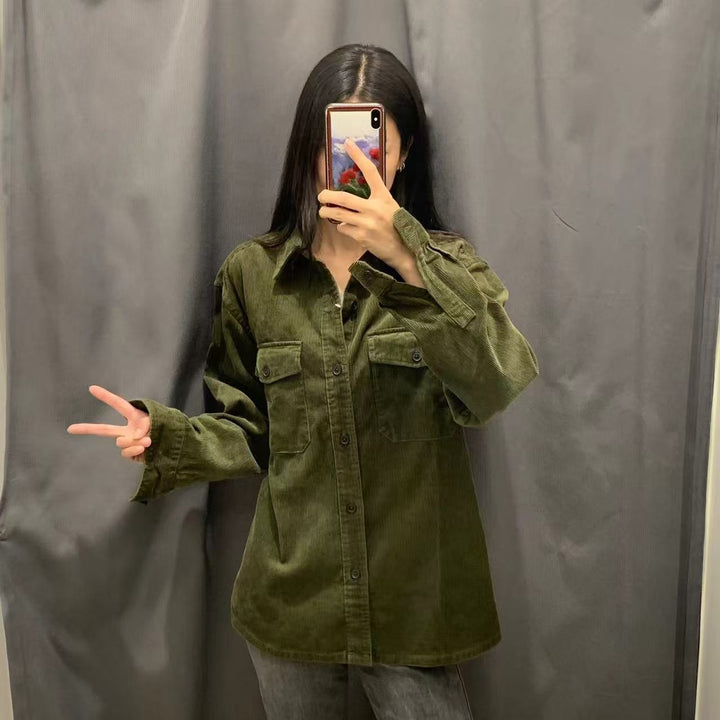 Damen lässige Kordjacke mit praktischen Brusttaschen Drune