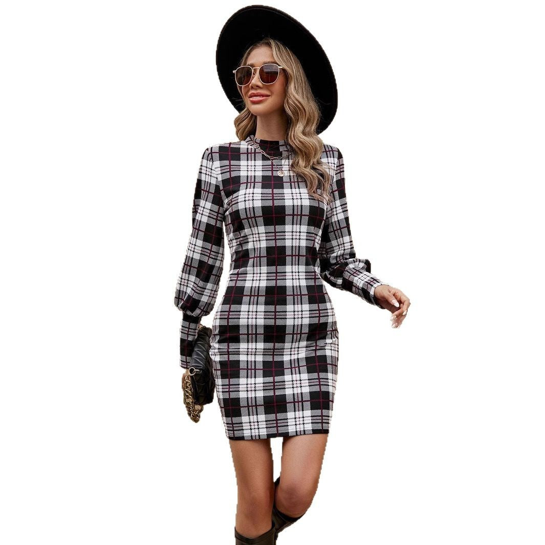 Damen Karokleid mit eleganter Gürtelakzentuierung und Puffärmeln Drune
