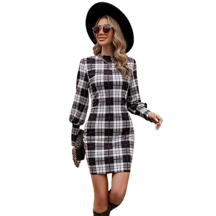 Damen Karokleid mit eleganter Gürtelakzentuierung und Puffärmeln Drune
