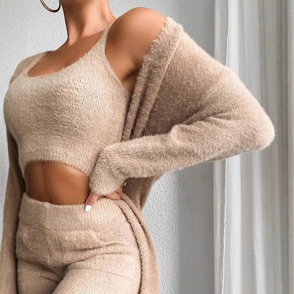 Damen modisches Lounge-Set mit ärmellosem Crop-Top und langem Cardigan Drune