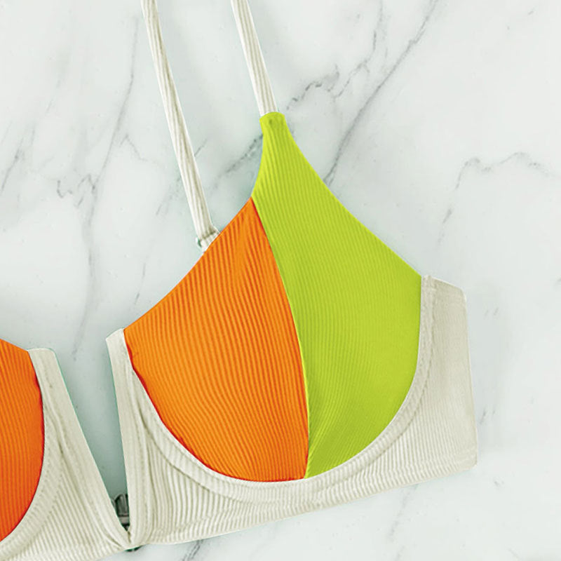Damen Triangel-Bikini mit modischem Farbblock-Design und verstellbaren Trägern Drune