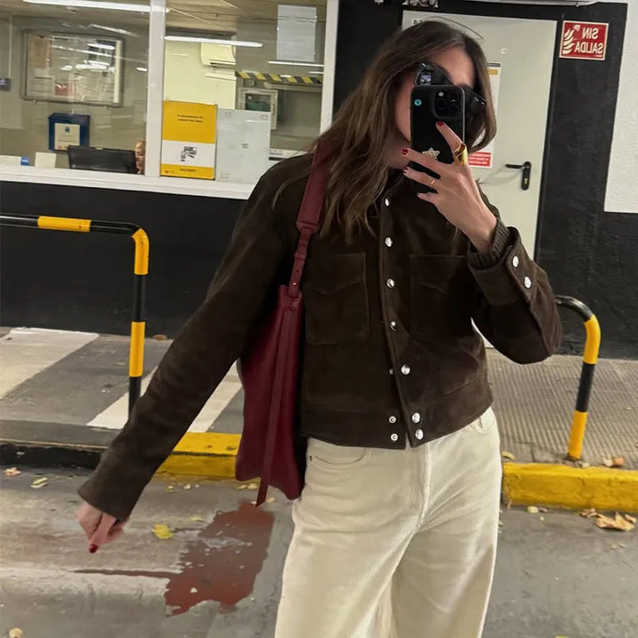 Damen Modische Wildlederjacke mit praktischen Taschen Drune