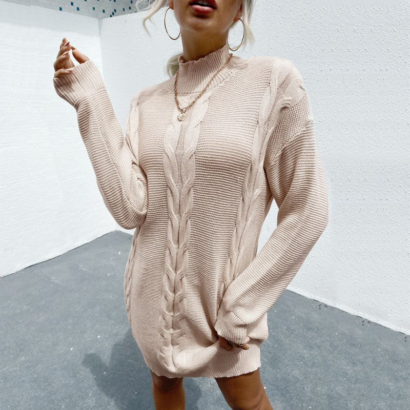 Damen Strickkleid mit trendiger Waffelstruktur und hohem Kragen Drune