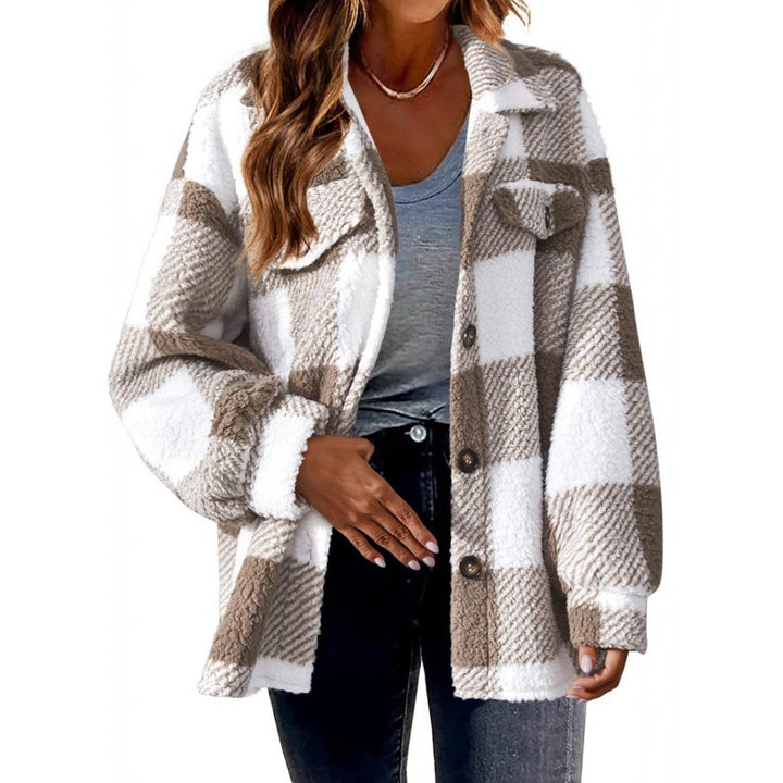 Damen Flauschige Karojacke mit Druckknopfverschluss und praktischen Taschen Drune