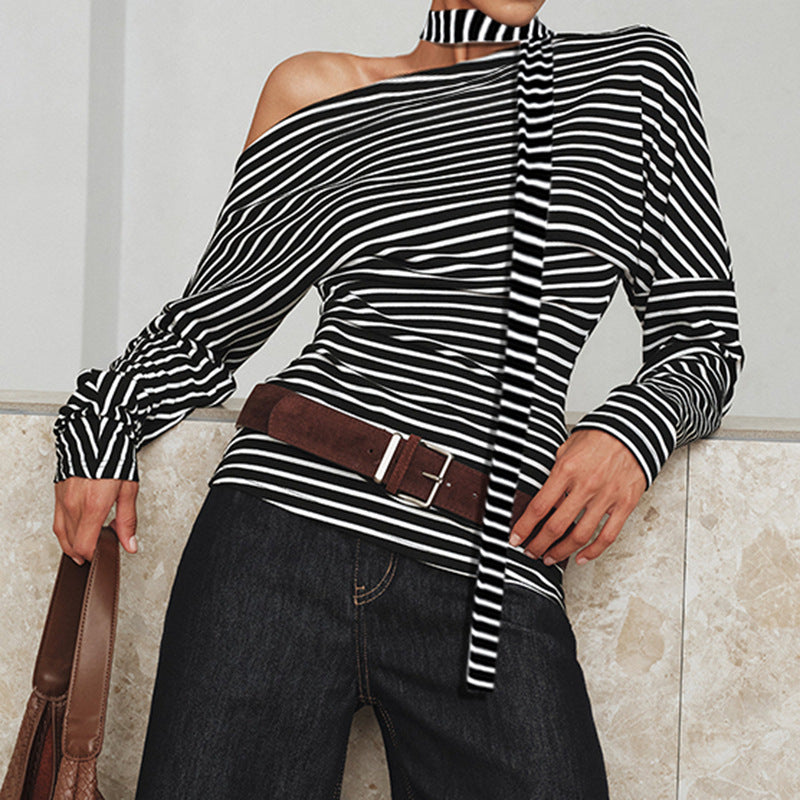 Damen asymmetrisches Langarmshirt mit modischen Streifen und Neckholder Drune