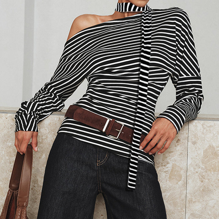 Damen asymmetrisches Langarmshirt mit modischen Streifen und Neckholder Drune