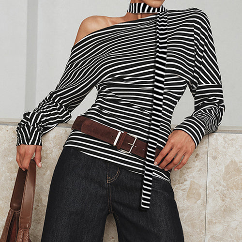 Damen asymmetrisches Langarmshirt mit modischen Streifen und Neckholder Drune