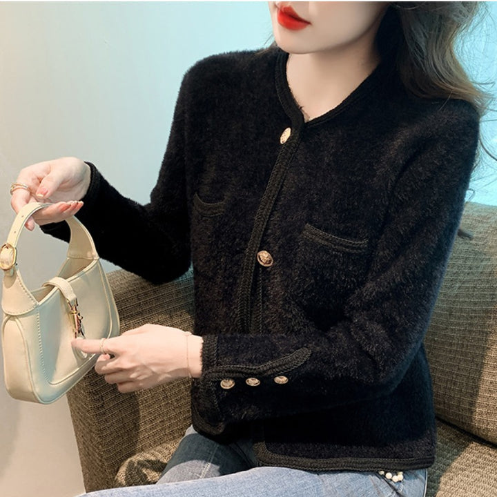 Damen elegante Strickjacke mit goldenen Knöpfen Drune