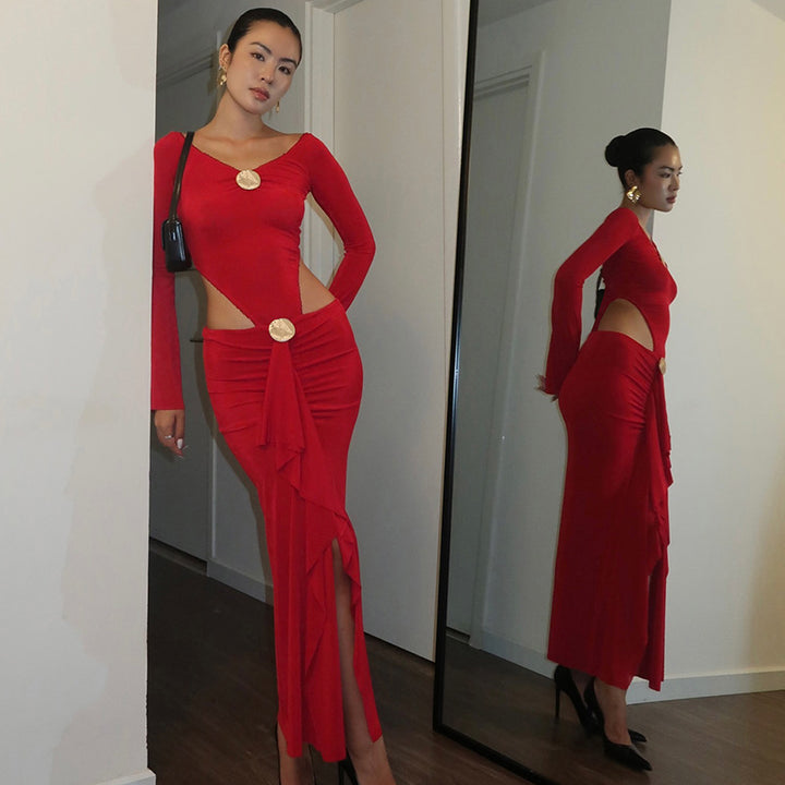 Damen eleganter Wickelrock mit Raffungen und dekorativem Knopf Drune