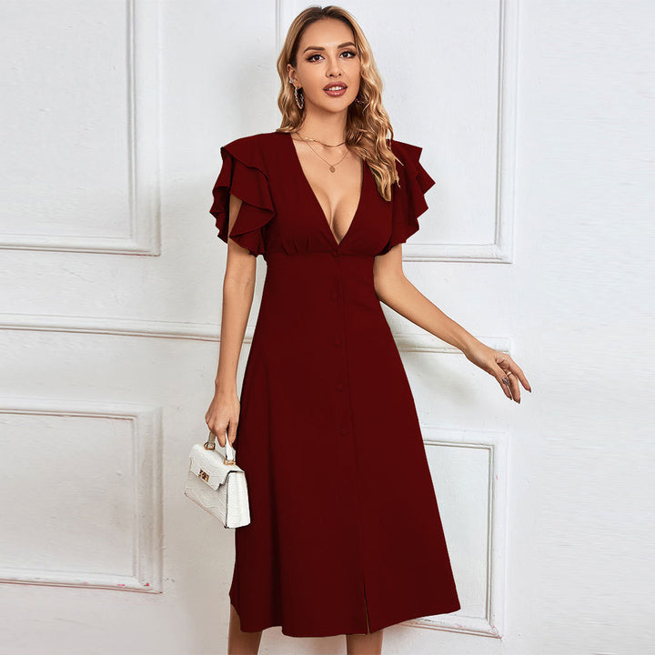 Damen Midikleid mit voluminösen Rüschendetails und tiefem V-Ausschnitt Drune