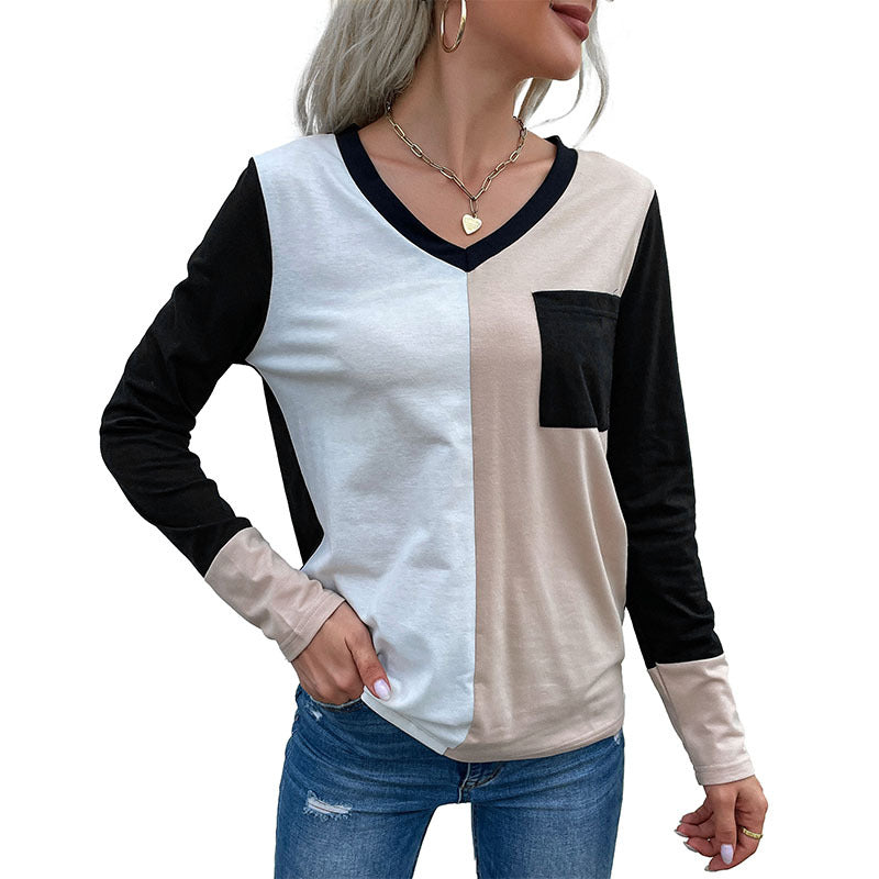 Damen Langarm T-Shirt mit modischem Colorblock-Muster und dekorativer Brusttasche Drune