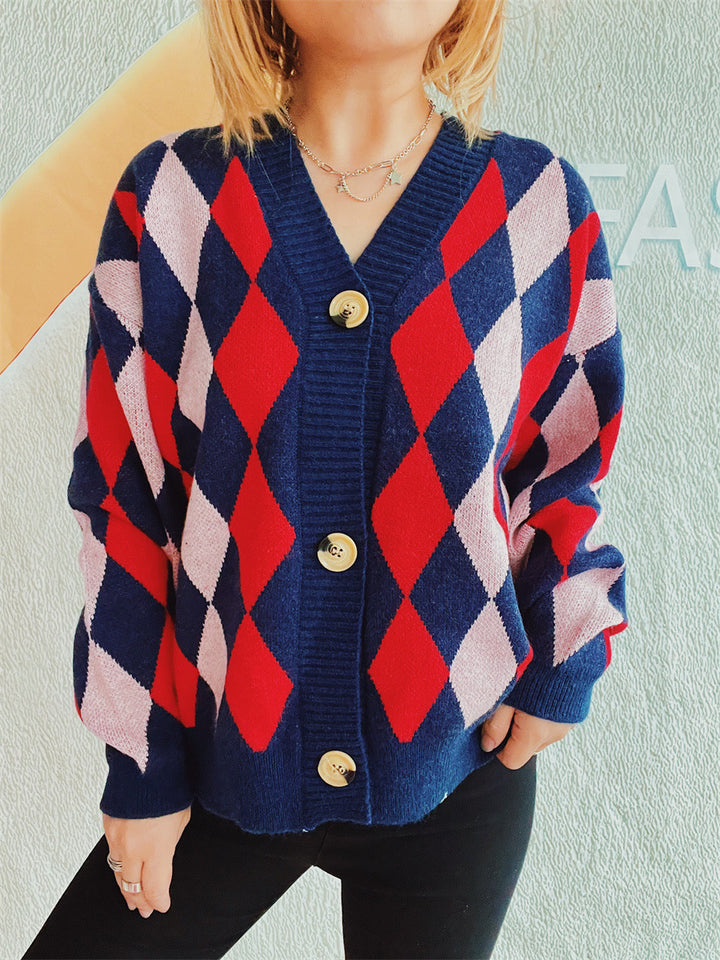 Damen Gemusterte Strickjacke im modernen Rautendesign mit großen Knöpfen Drune
