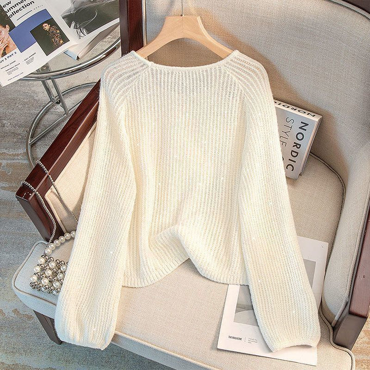 Damen lässiger Pullover mit Off-Shoulder Design und funkelnden Details Drune