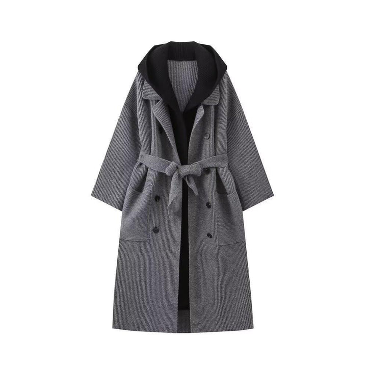 Damen lässiger Longcardigan mit bindbarem Taillengürtel und zweilagigem Kragen Drune