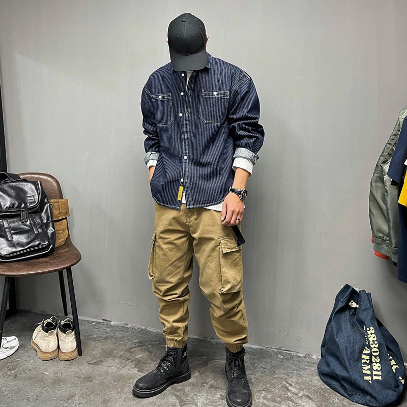 Herren lässiges Denim-Hemd mit vertikalem Streifenmuster und praktischen Brusttaschen Drune
