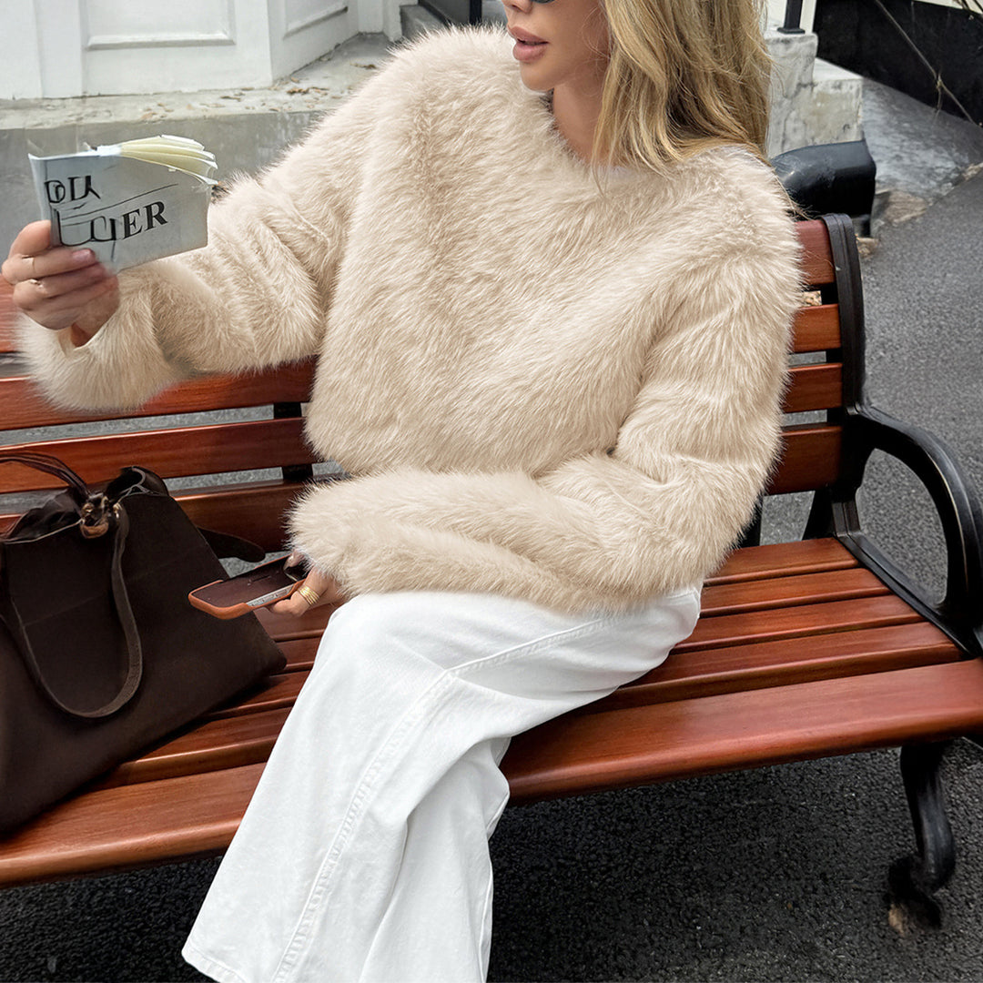 Damen nan kuscheliger Cropped-Faux-Fur-Pullover mit ausgestellten Ärmeln Drune