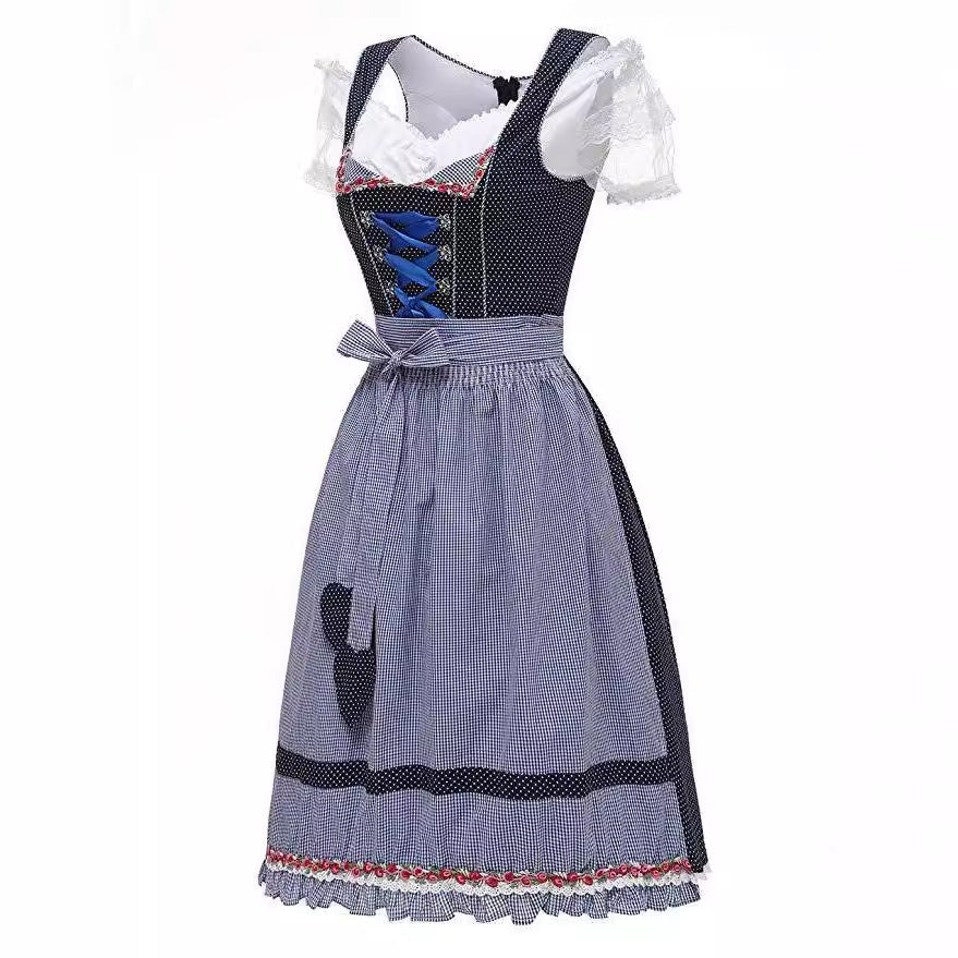 Damen nan alpines Midi-Trachtenkleid mit geschnürtem Mieder, Kurzbluse und dekorativer Herzschürze Drune