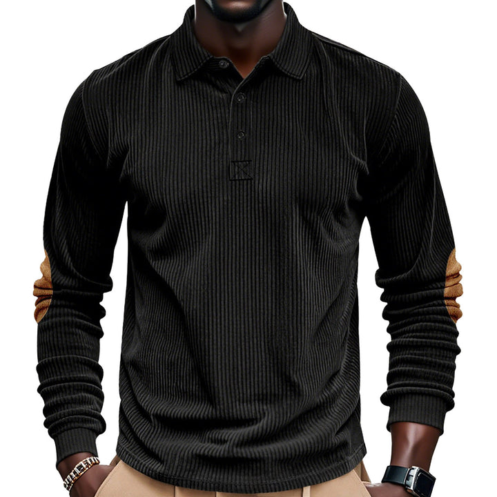 Herren nan geripptes Langarm-Poloshirt mit Henley-Knopfleiste und veloursähnlichen Ellbogenpatches Drune
