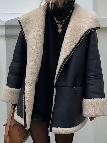 Damen Kunstlederjacke mit kuscheligem Innenfutter und hohem Kragen Drune