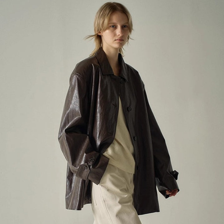 Damen Modische Kunstlederjacke mit übergroßem Schnitt Drune