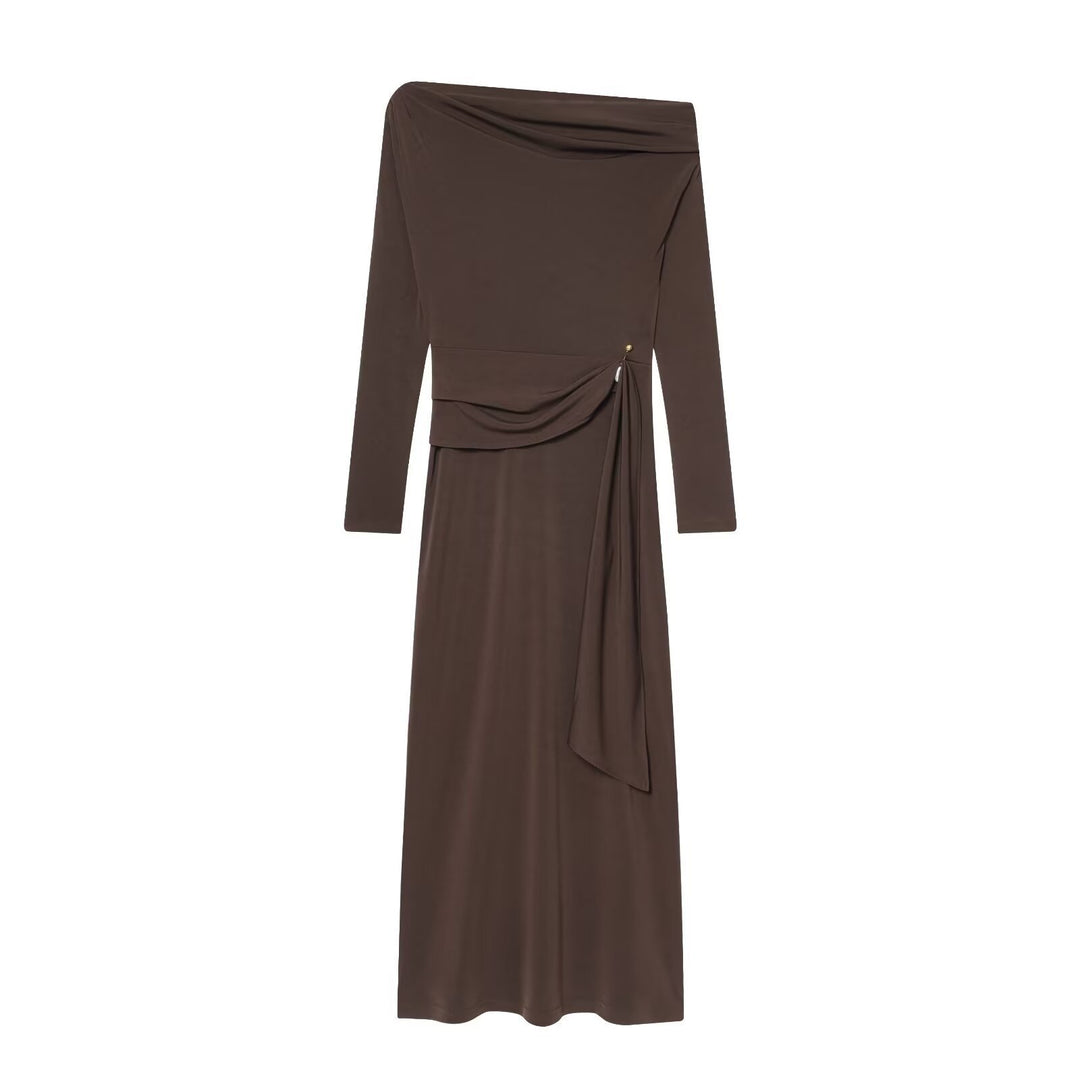 Damen elegantes Maxikleid mit asymmetrischem Ausschnitt und dekorativer Drapierung Drune