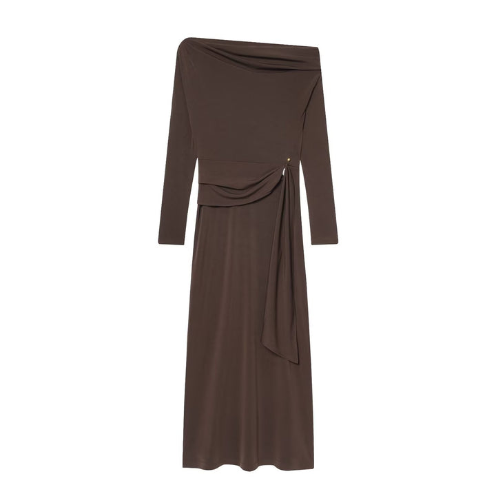 Damen elegantes Maxikleid mit asymmetrischem Ausschnitt und dekorativer Drapierung Drune