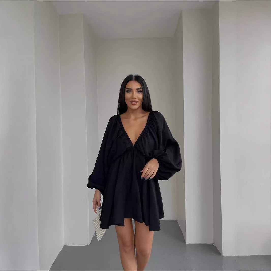 Damen lässiges Babydoll-Kleid mit schulterfreiem Ausschnitt und langen Puffärmeln Drune