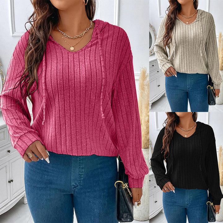 Damen nan gerippter Kapuzenpullover aus Feinstrick mit V-Ausschnitt Drune