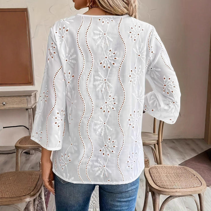 Damen bestickte Bluse mit elegantem V-Ausschnitt und 3/4-Ärmeln Drune