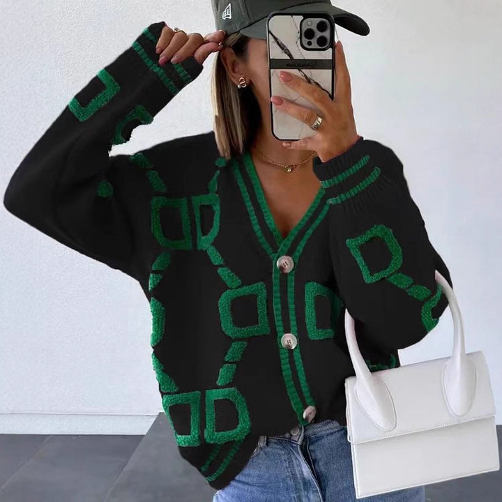Damen modischer Cardigan mit einzigartigem geometrischen Muster und trendiger Knopfleiste Drune
