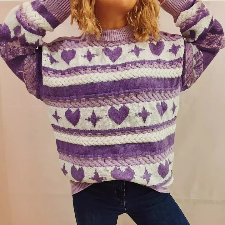 Damen Grob gestrickter Pullover mit herzförmigem Muster und breiten Streifen Drune