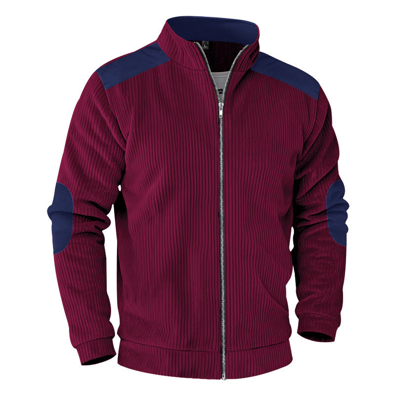 Herren nan gerippte Stehkragen-Sweatjacke mit durchgehendem Reißverschluss, Schulter- und Ellbogen-Patches Drune