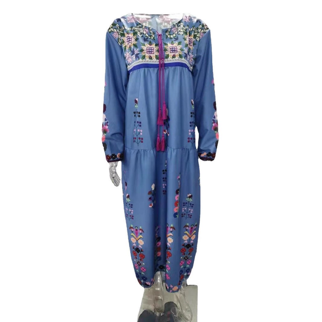 Damen nan besticktes Maxikleid mit langen Ärmeln, Quastenverschluss und folkloristischer Stickerei Drune