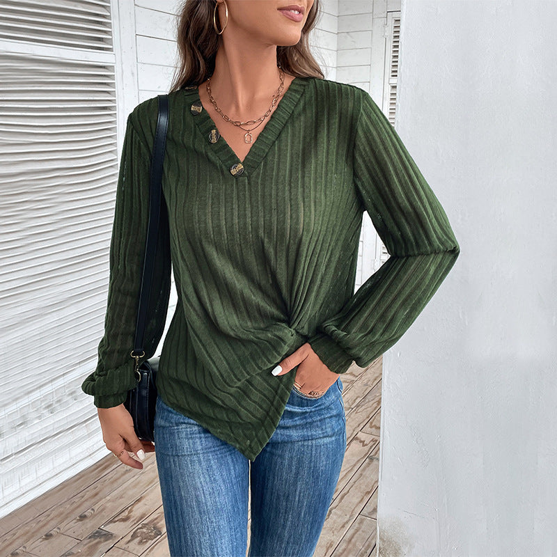 Damen modisches Langarmshirt mit V-Ausschnitt und dekorativen Knöpfen Drune
