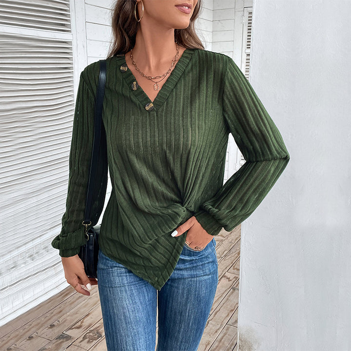 Damen modisches Langarmshirt mit V-Ausschnitt und dekorativen Knöpfen Drune
