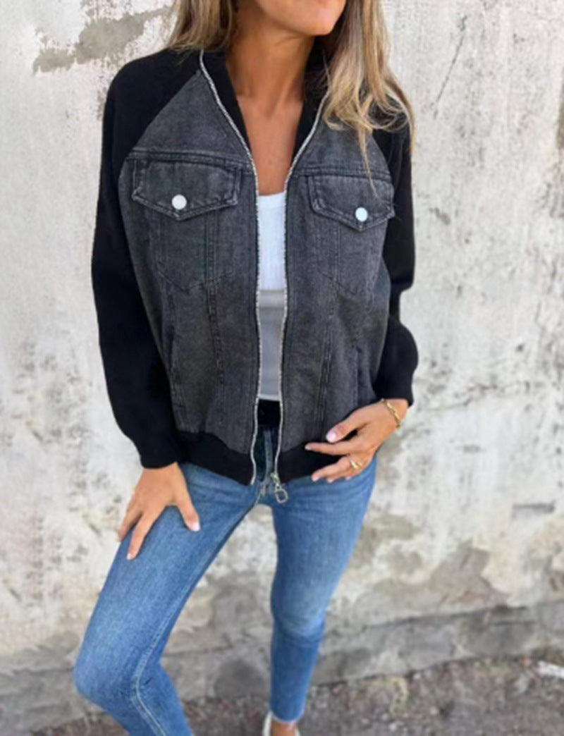 Damen Denim-Jacke mit kontrastfarbenen Ärmeln und praktischen Taschen Drune