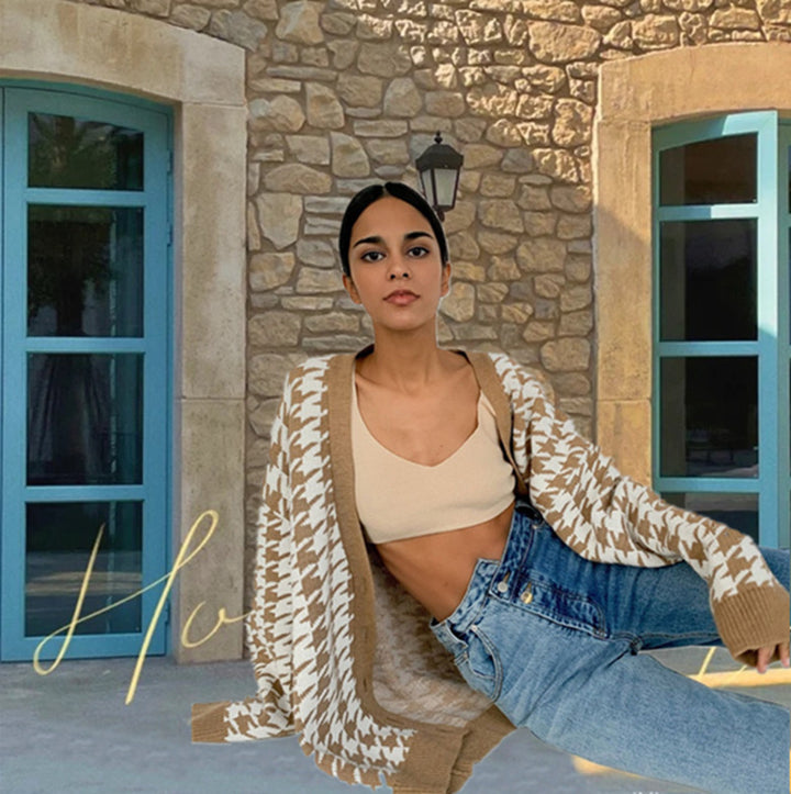Damen Modische Strickjacke im Hahnentrittmuster Drune